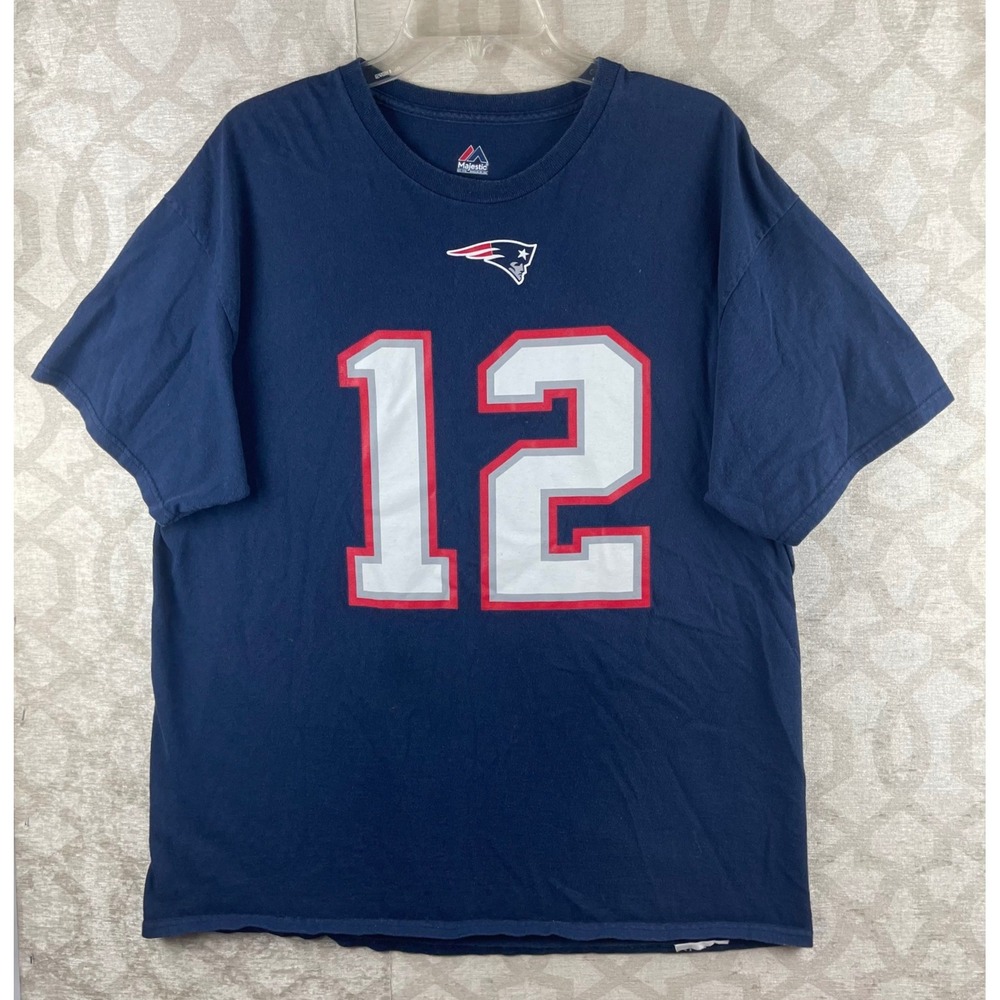 Majestic New England Patriots Mens XL Blue Tom Brady 12 Graphic T-Shirt Cotton